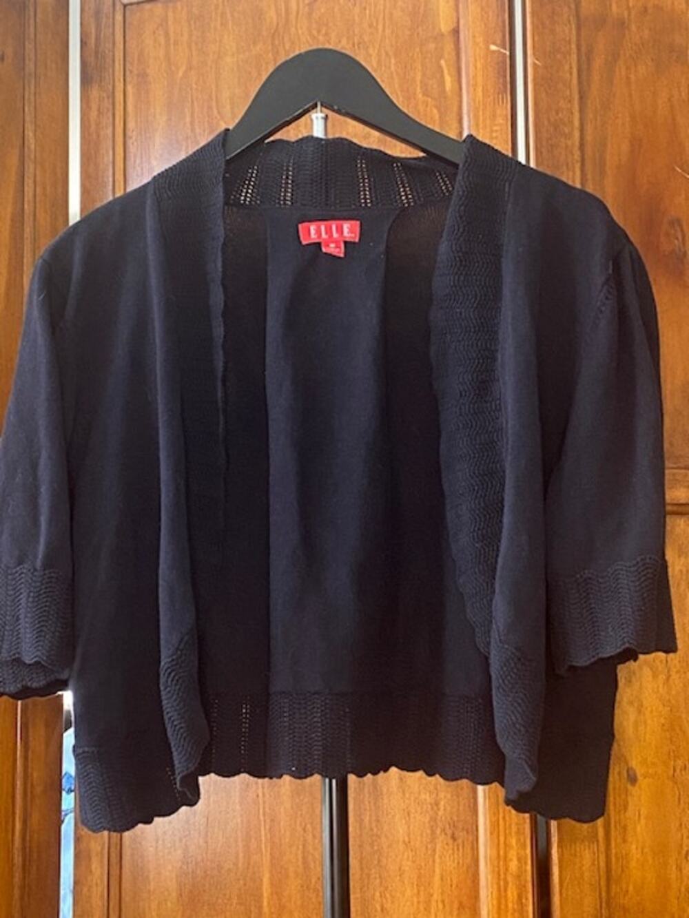 ELLE Womens 3X Black Open Front Cardigan Scalloped Trim 3/4 Sleeve Plus Size